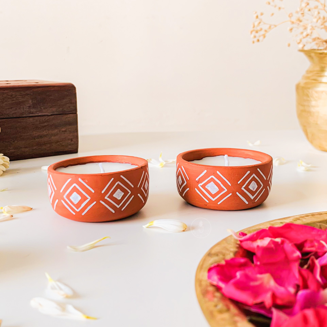 Hand Painted Terracotta Soy Wax Mini Candles- Diamond