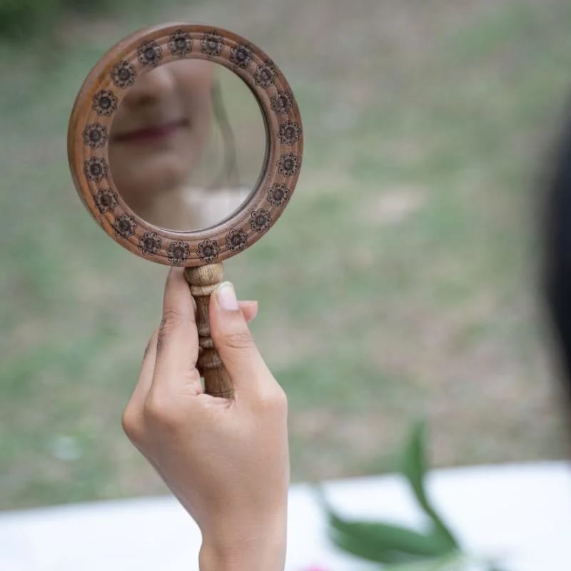 Wooden Engraved Home Decorative Handheld Mirror