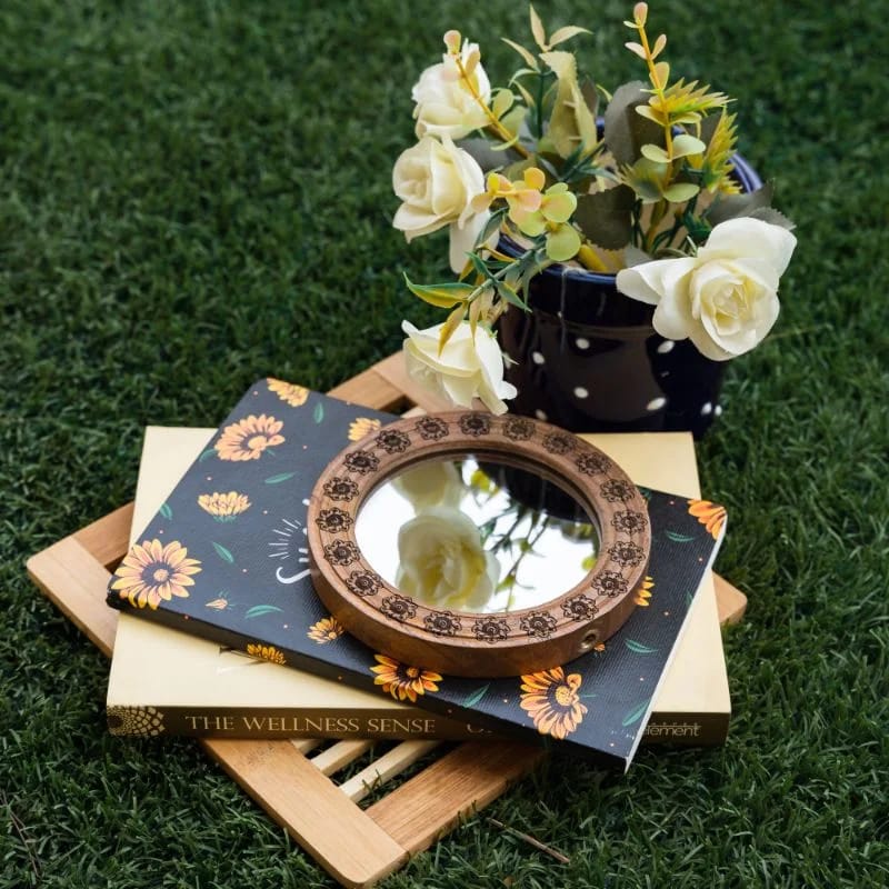 Wooden Engraved Home Decorative Handheld Mirror