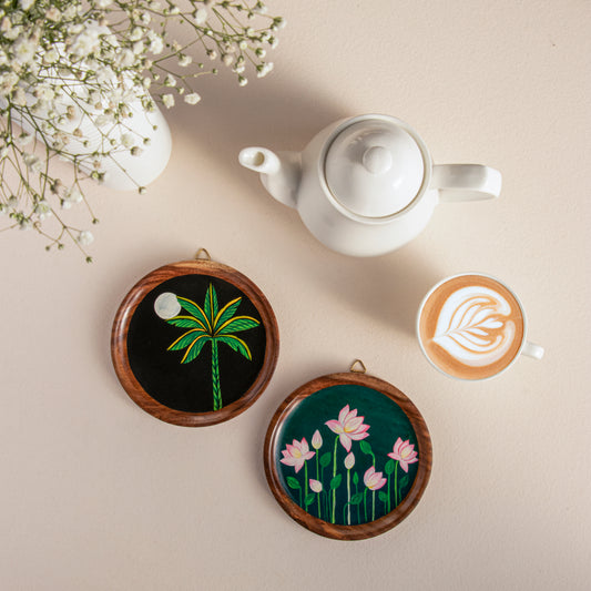 Asmi Wall Plates Decor Hanging for Home I Hand Painted Solid Wood Round Plates | Set of 2