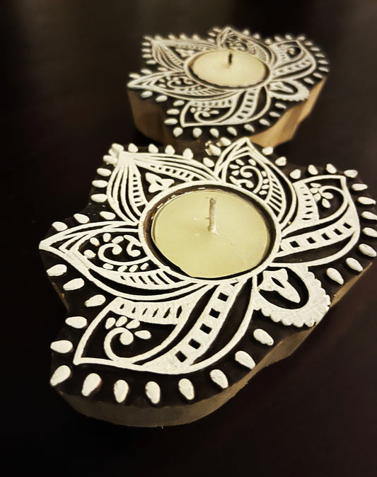 Handcrafted Wooden Diya - Lotus Design (Set of 2)