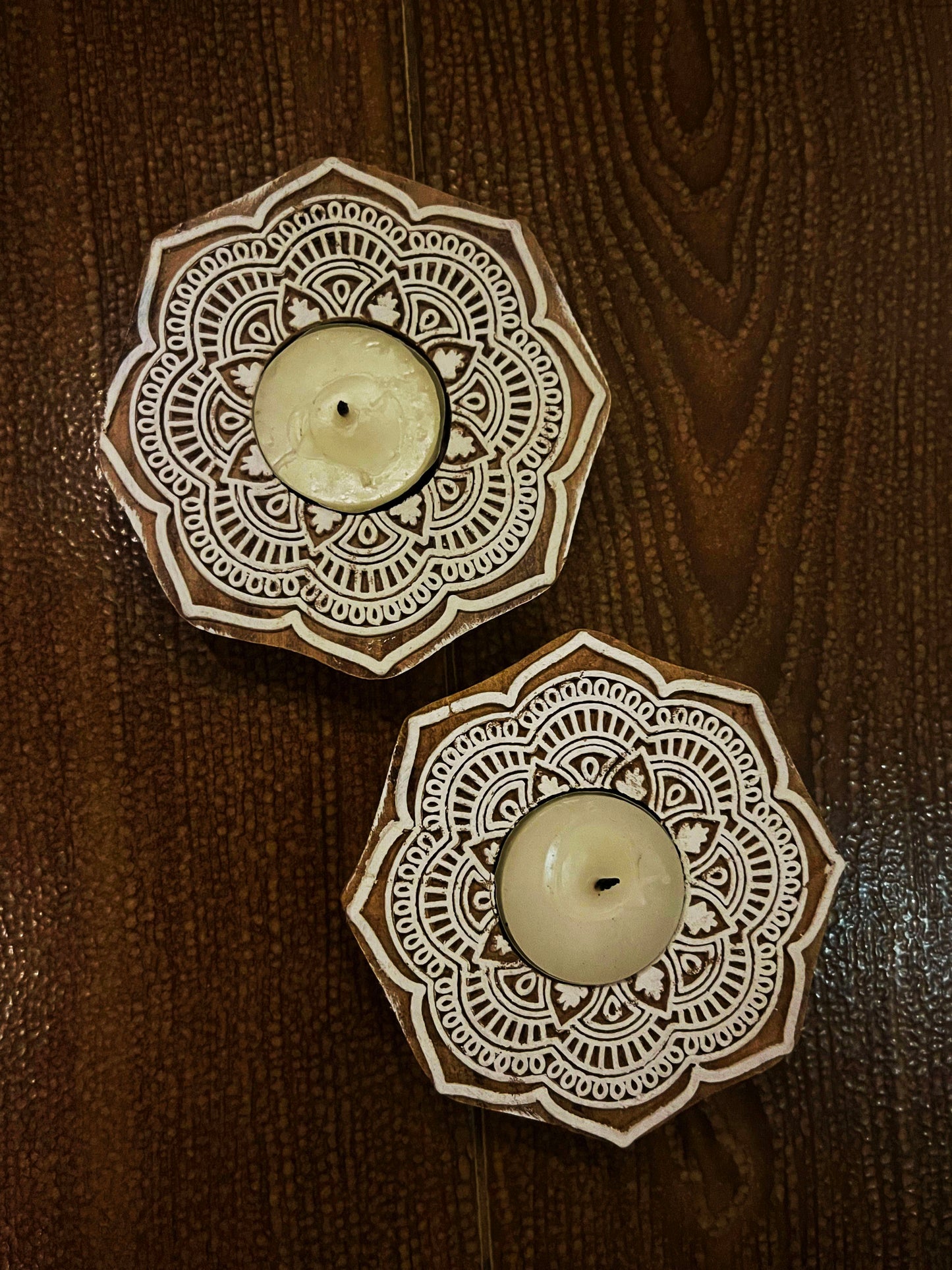 Handcrafted Wooden Diya - Flower Design (Set of 2)