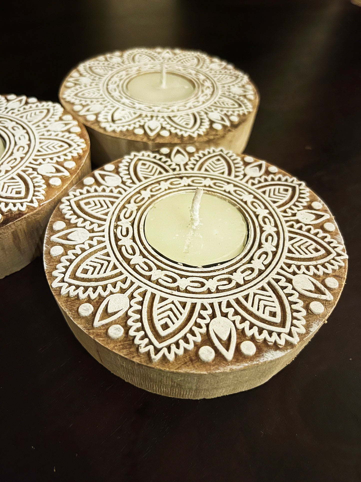 Handcrafted Wooden Diya - Round Design (Set of 3)