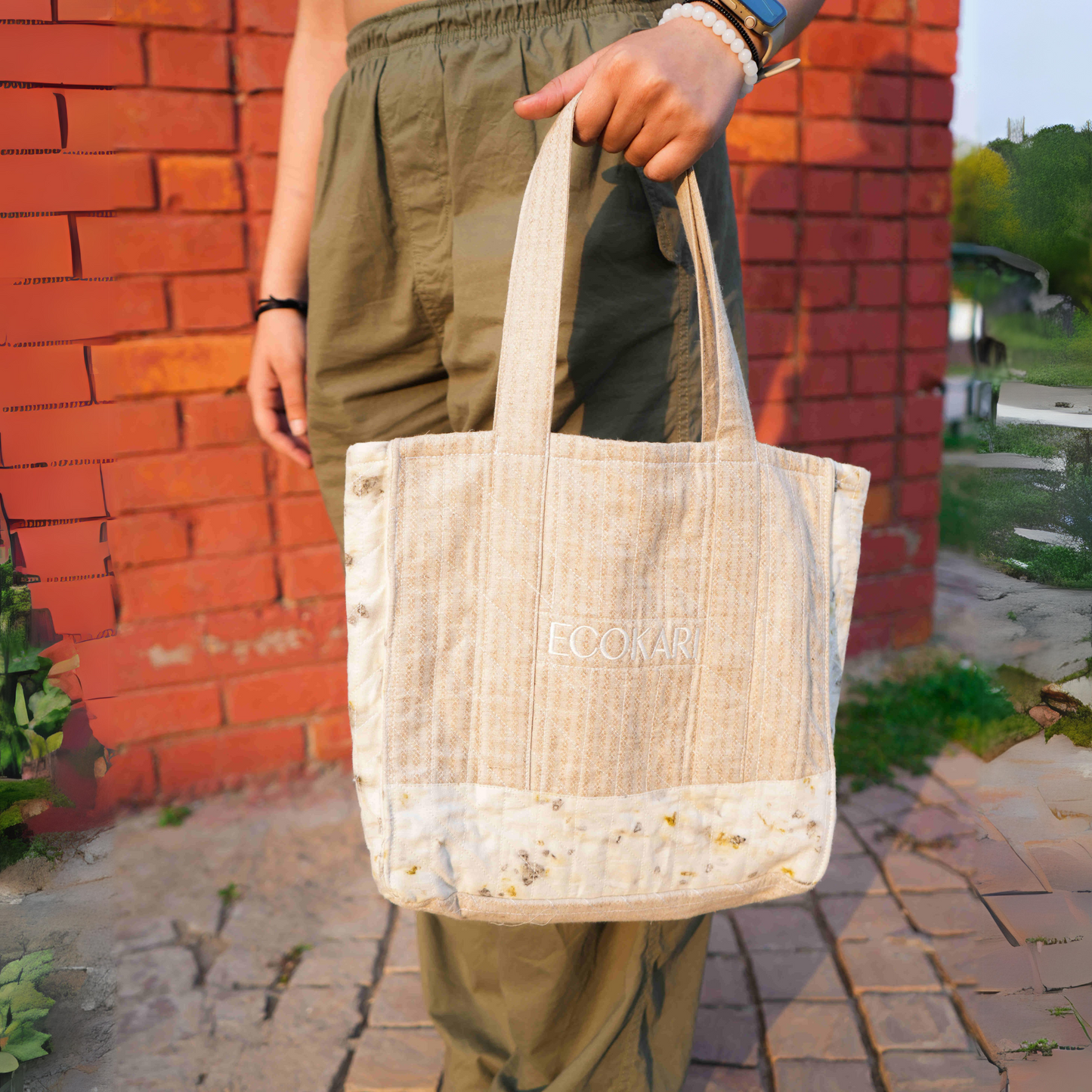 Eco Tote Printed Bag | Beige & White