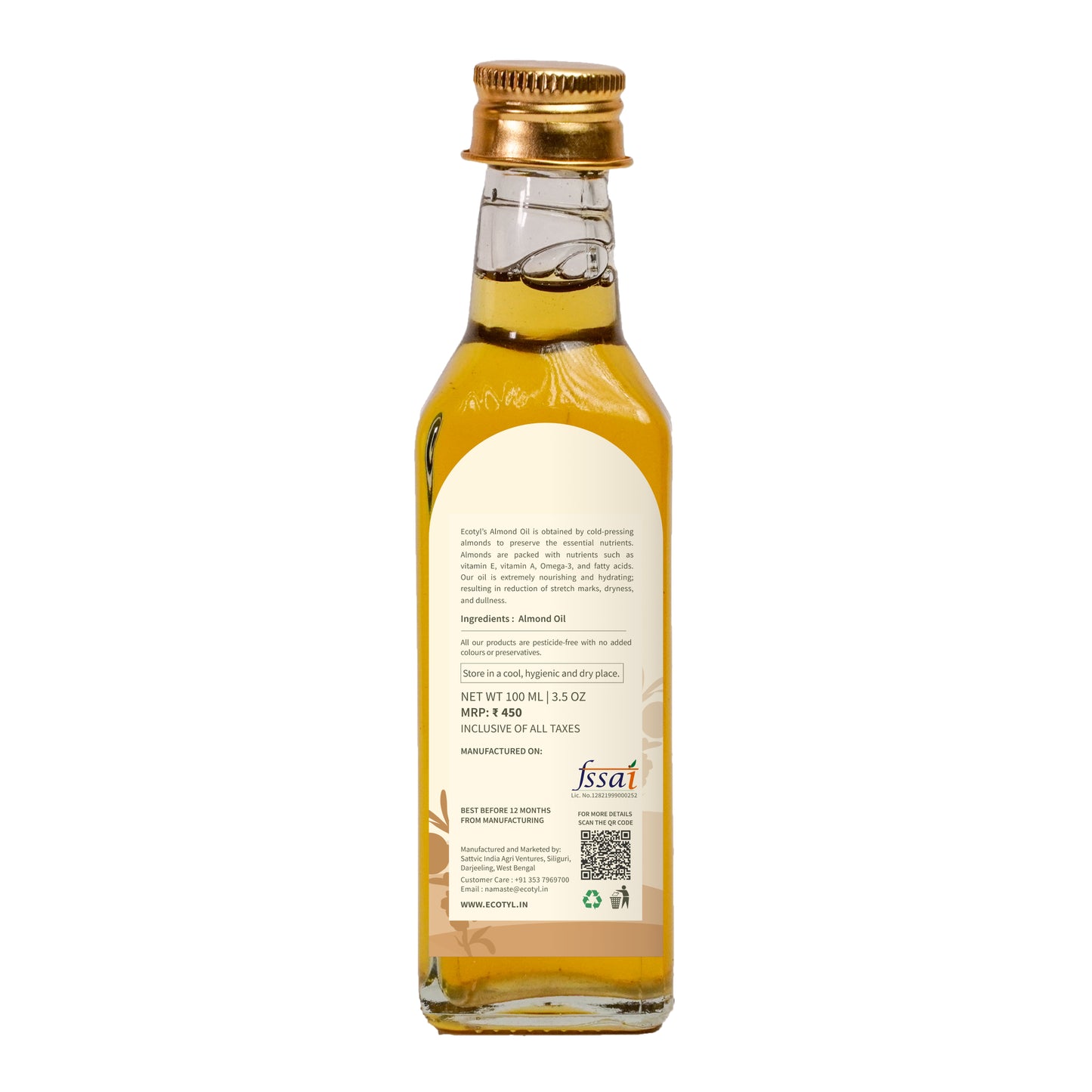 Cold Pressed Almond Oil - Sweet | For Haircare & Skincare | 100ml