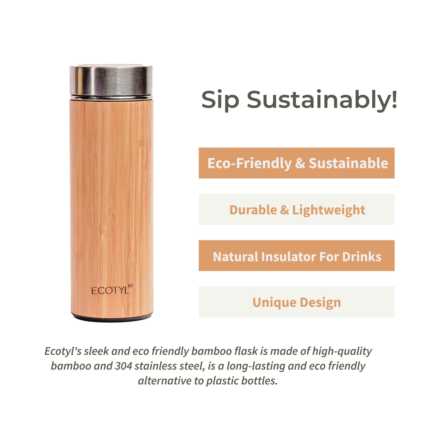 Bamboo Stainless Steel Insulated Flask With Strainer | Water Bottle| 450 ml