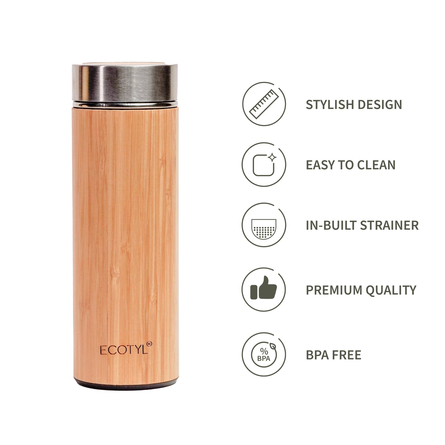 Bamboo Stainless Steel Insulated Flask With Strainer | Water Bottle| 450 ml