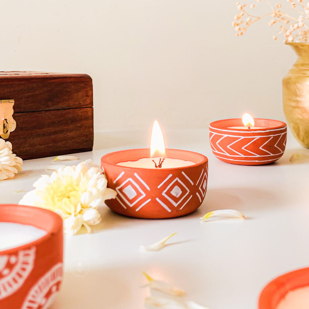 Hand Painted Terracotta Soy Wax Mini Candles- Diamond