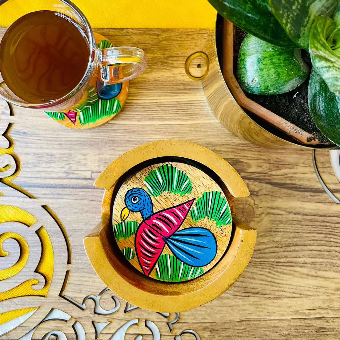 Chahel Round Wooden Coaster with Holder | Set of 6