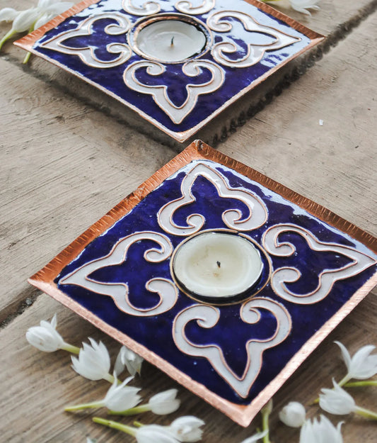 Rangoli Square Tealight Holder : Set of 2 (Blue)