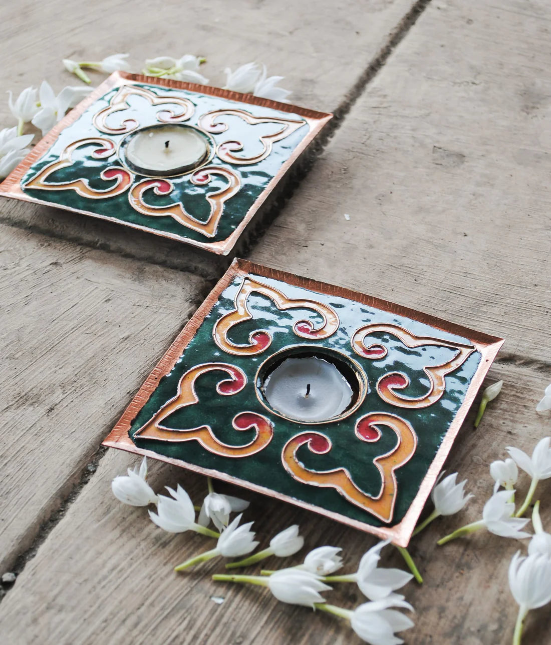 Rangoli Square Tealight Holder Set of 2 Dark Green