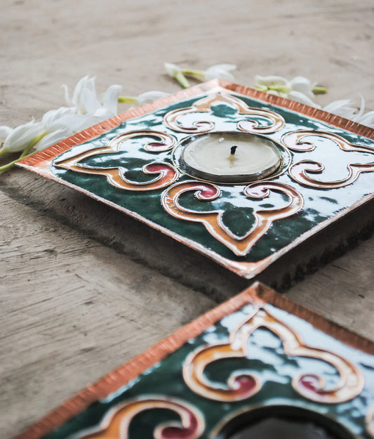 Rangoli Square Tealight Holder Set of 2 Dark Green