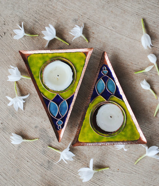 Rangoli Triangle Tealight Holder : Set of 2 (Green)