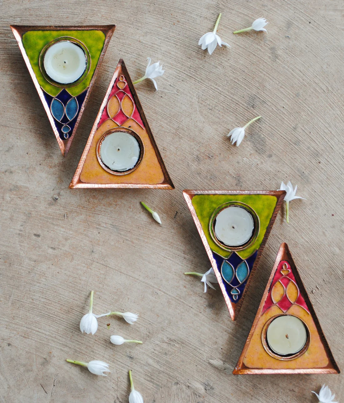 Rangoli Triangle Tealight Holder : Set of 2 (Yellow)