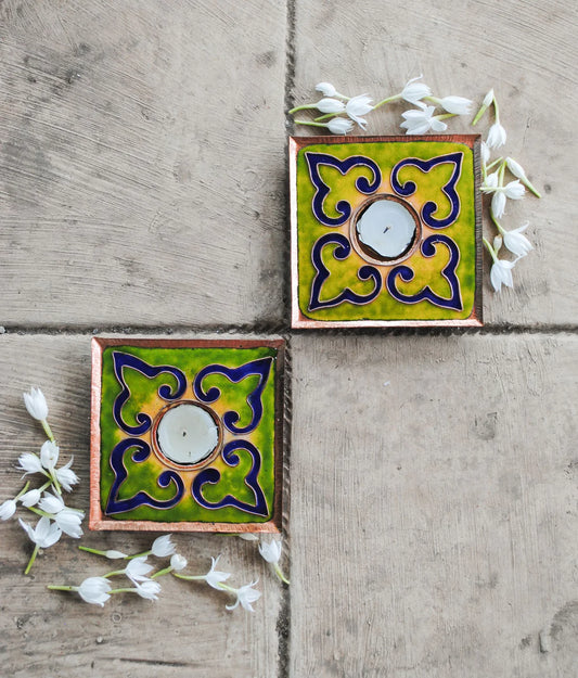 Rangoli Square Tealight Holder : Set of 2 (Parrot Green)