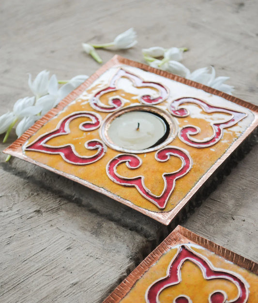 Rangoli Square Tea Light Holder : Set of 2 (Yellow)