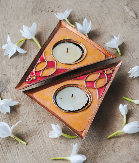 Rangoli Triangle Tealight Holder : Set of 2 (Yellow)