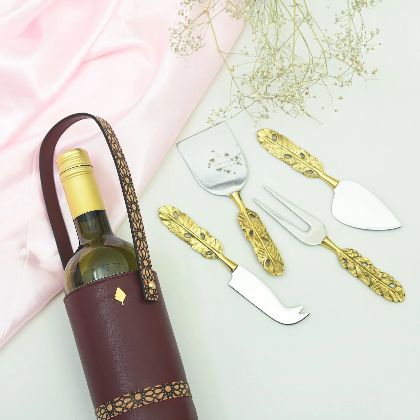 Wine and Cheese Hamper | Vegan leather wine holder with Brass Cheese knives