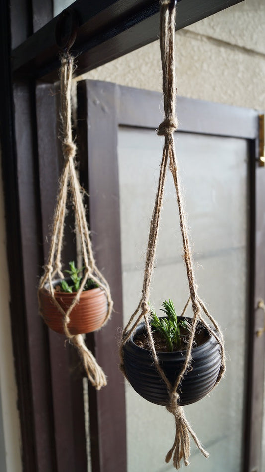 Reduction Fired Terracotta & Jute Hanging cum Desktop Planters Set of 2