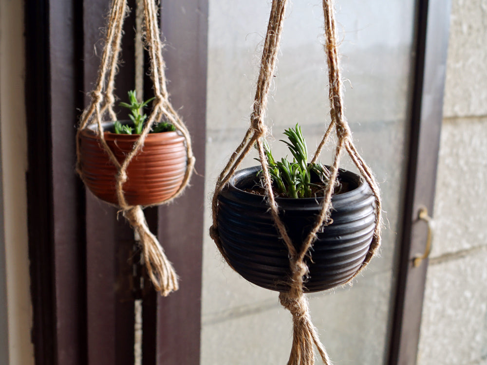 Reduction Fired Terracotta & Jute Hanging cum Desktop Planters Set of 2