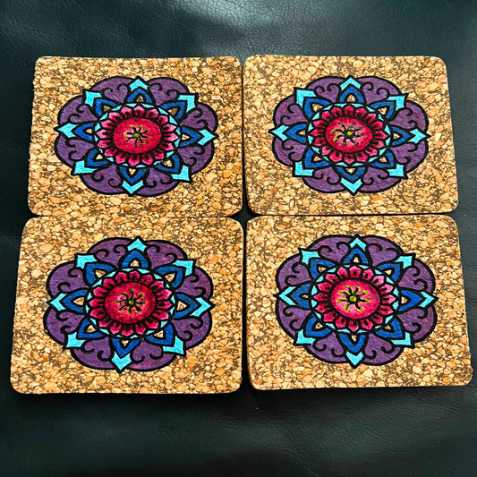 Hand Painted Cork Coasters - Multi Colour Design (Set Of 4)