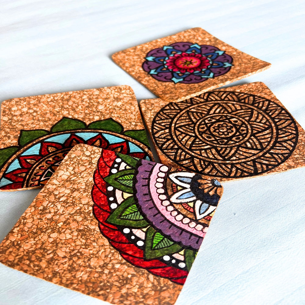 Hand Painted Cork Coasters - Multi Colour Design (Set Of 4)