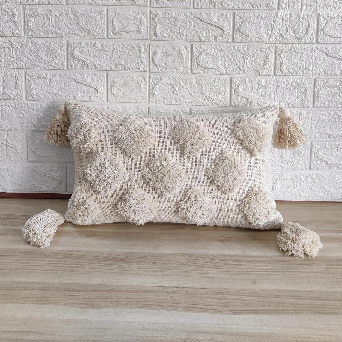 Natural White Off White Ivory Cotton Tufted Boho Cushion Cover