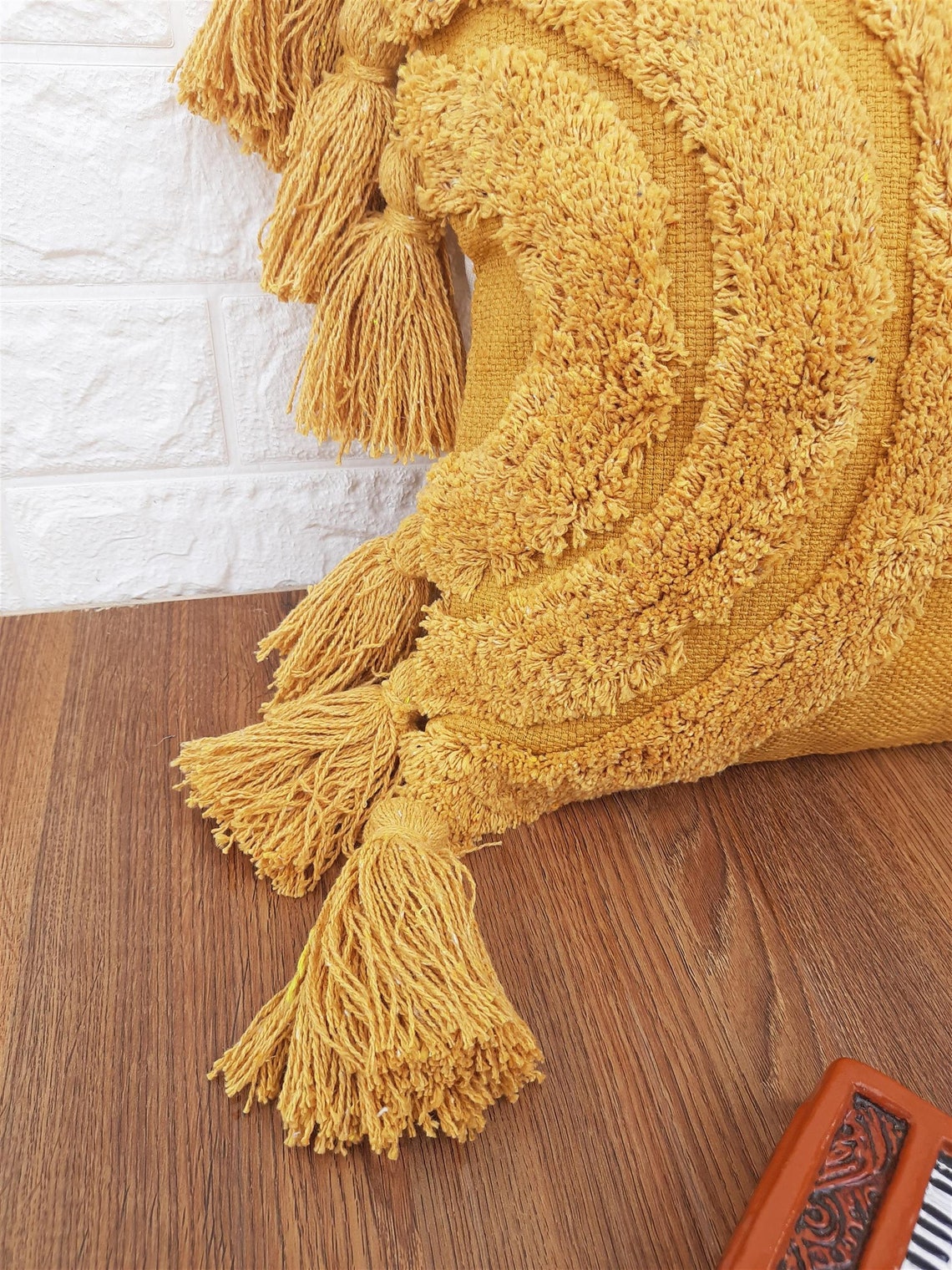 Mustard Yellow Tufted Boho Textured Cotton Cushion Cover