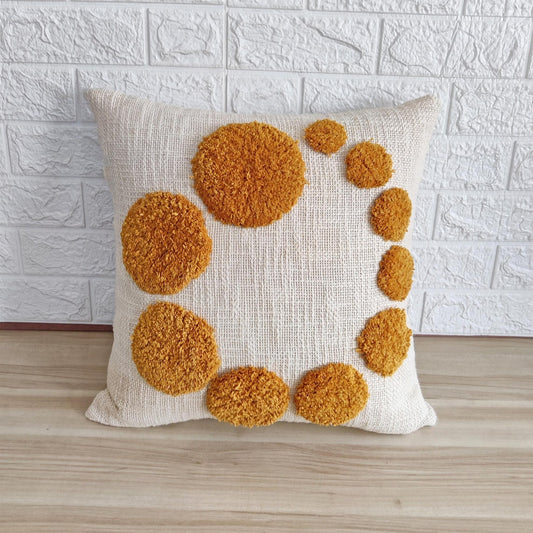 Ivory and Mustard Yellow Circle Design Handtufted Cushion Cover