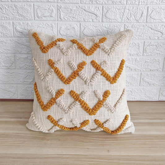 Ivory and Mustard Yellow Handtufted Cotton Cushion Cover