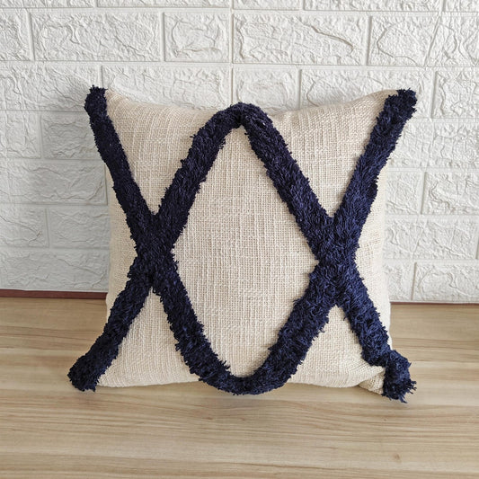 Navy Blue & Ivory Handtufted Cotton Cushion Cover