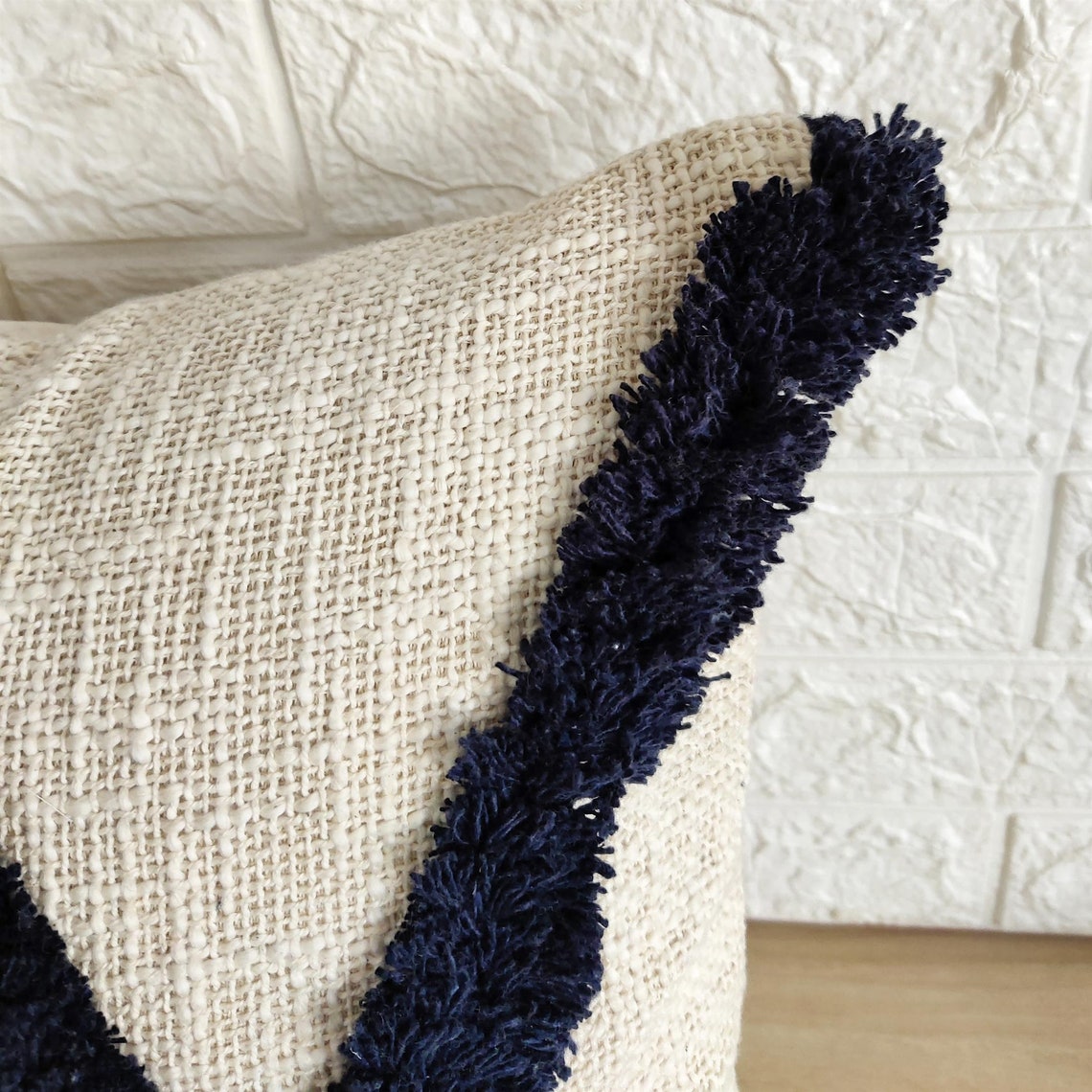 Navy Blue & Ivory Handtufted Cotton Cushion Cover