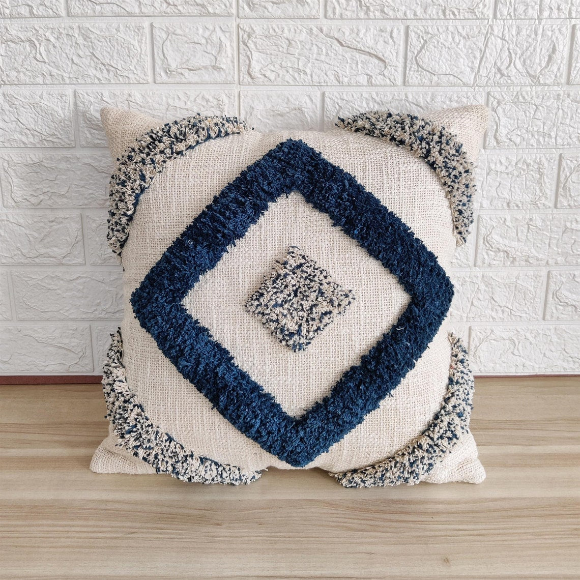 Ivory and Navy Blue Diamond Design Handtufted Cushion Cover