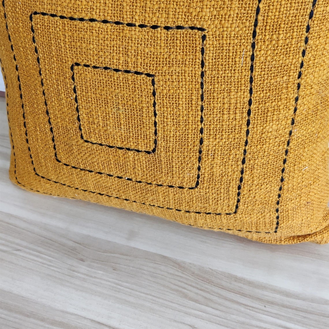 Mustard Yellow Kantha Cotton Square Design Cushion Cover