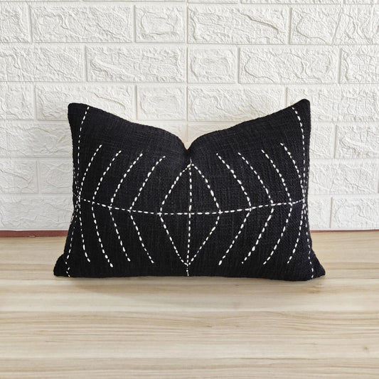 Black Natural Raw Cotton Hand Dyed Fabric Hand Stitches Hand Kantha Pillow Cover