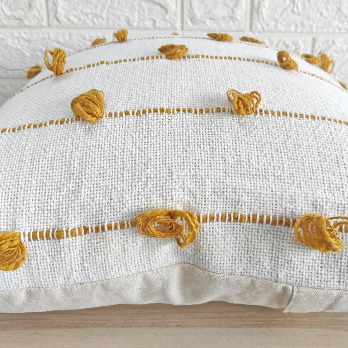 Mustard Yellow & Ivory Natural Raw Cotton Hand Loom Woven Textured Fabric Cushion Cover