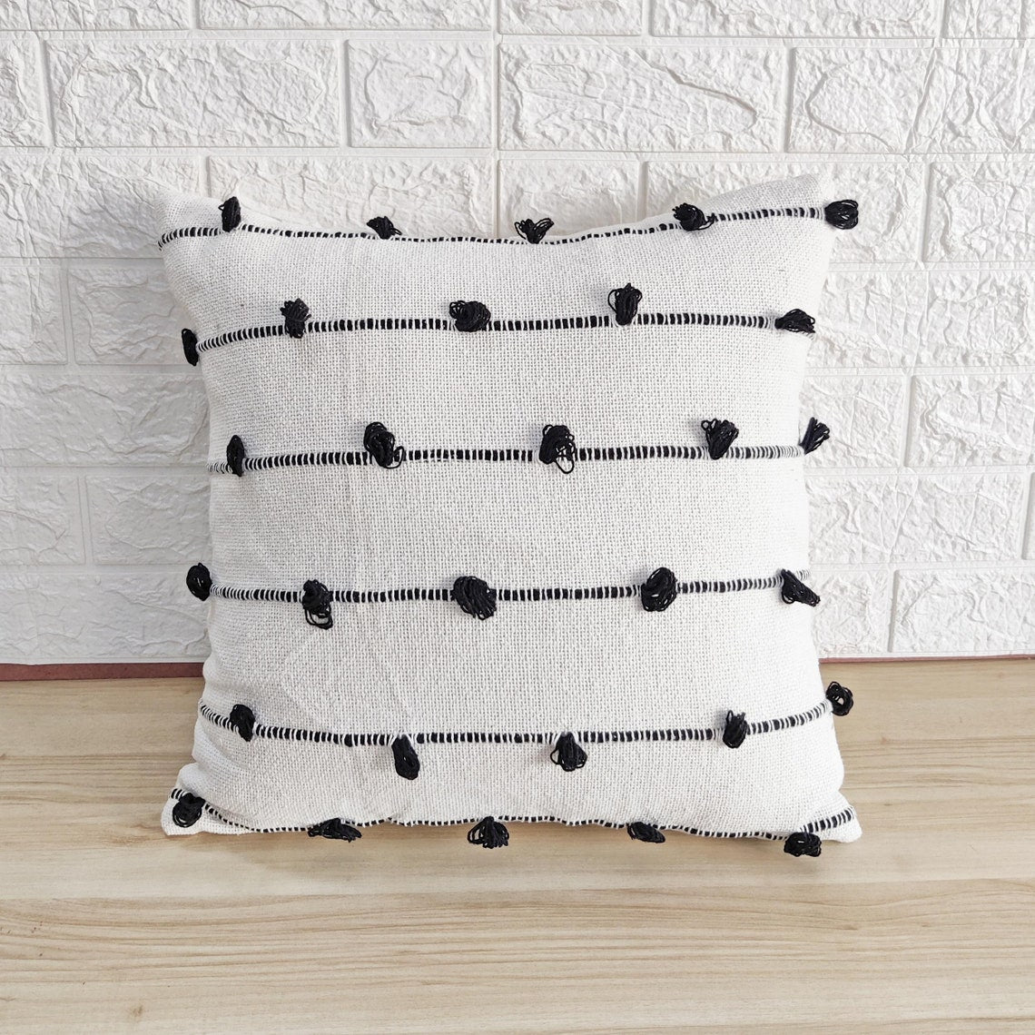 Black & White Natural Raw Cotton Hand Loom Woven Textured Fabric Cushion Cover