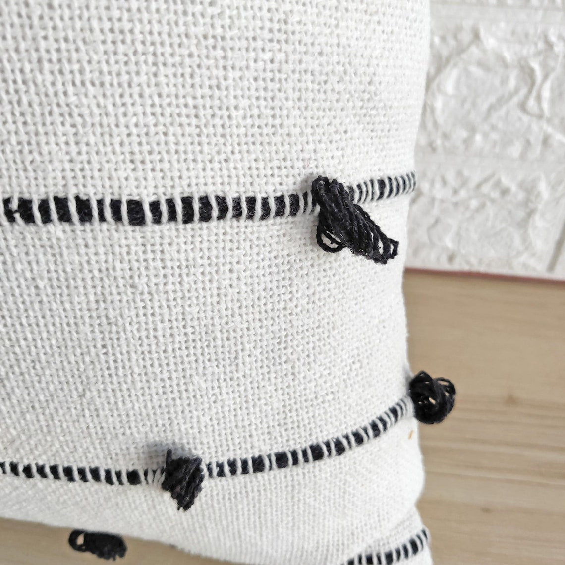 Black & White Natural Raw Cotton Hand Loom Woven Textured Fabric Cushion Cover