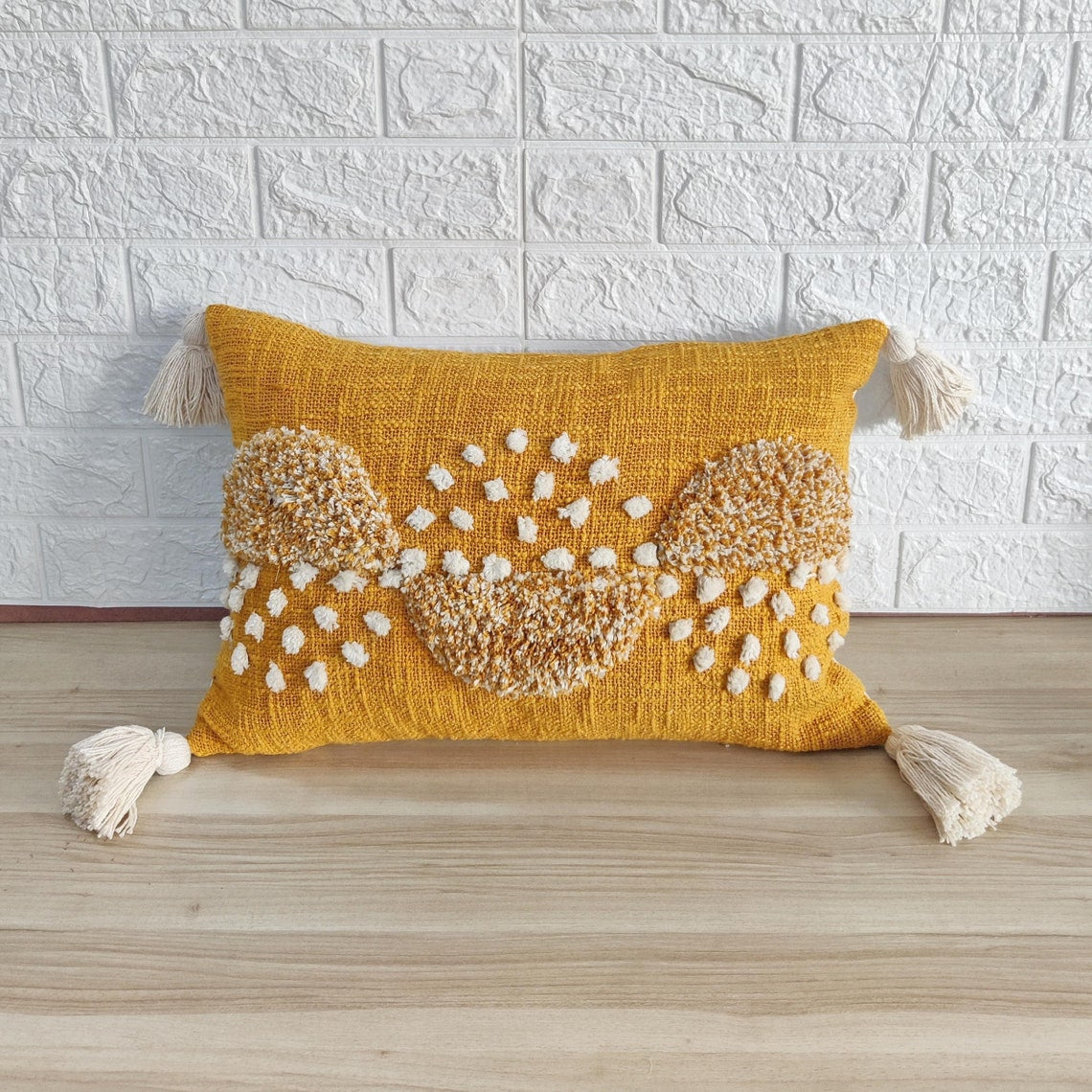 Mustard Yellow & Ivory Hand Embroidered Tufted Textured Cotton Cushion Cover