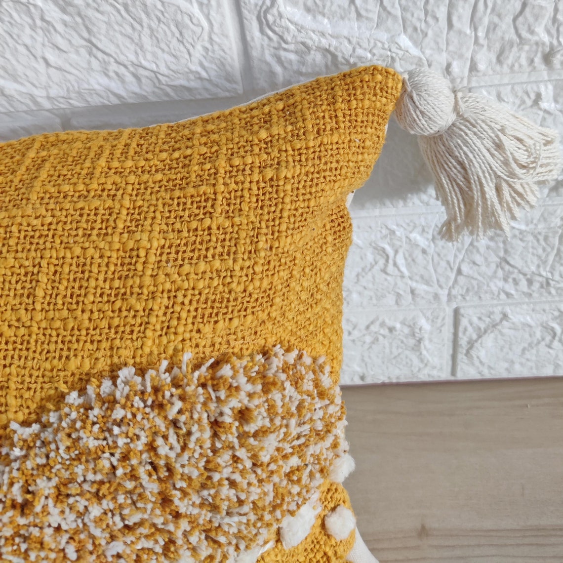 Mustard Yellow & Ivory Hand Embroidered Tufted Textured Cotton Cushion Cover