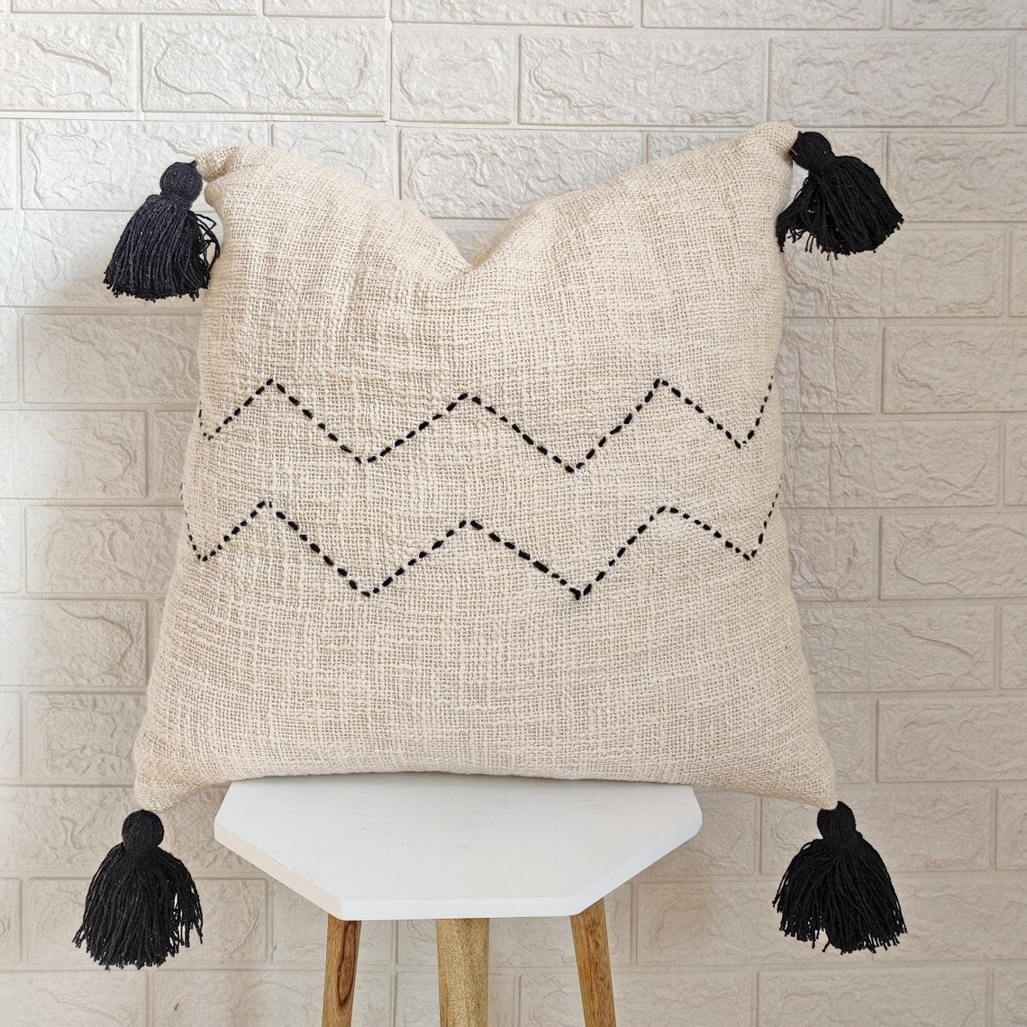 Ivory and Black Kantha Textured Cotton Cushion Cover