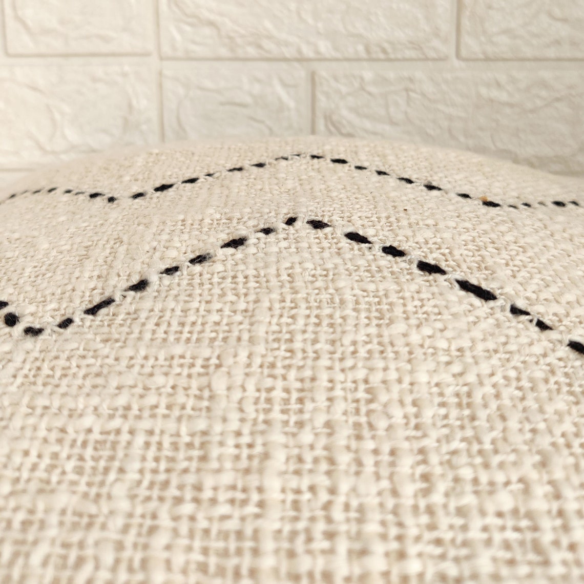 Ivory and Black Kantha Textured Cotton Cushion Cover