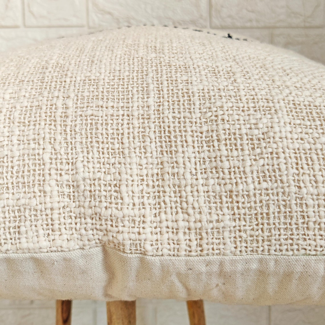 Ivory and Black Kantha Textured Cotton Cushion Cover