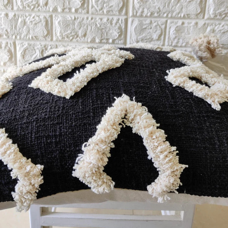 Black Boho Tufted Cotton Cushion Cover