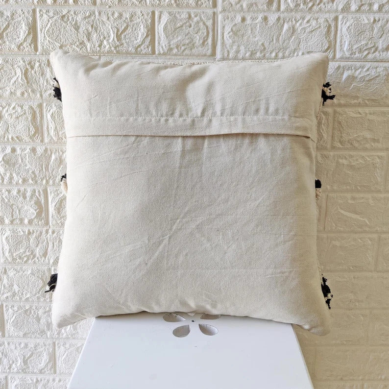 Black and Ivory Embroidered Tufted Cotton Cushion Cover