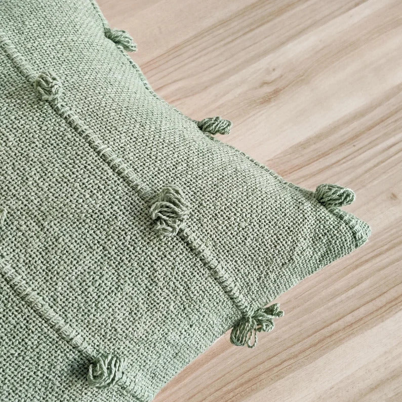 Olive Green Natural Raw Cotton Hand Loom Woven Textured Fabric Cushion Covers