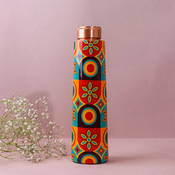 RETRO CIRCLES PRINT PURE COPPER WATER BOTTLE