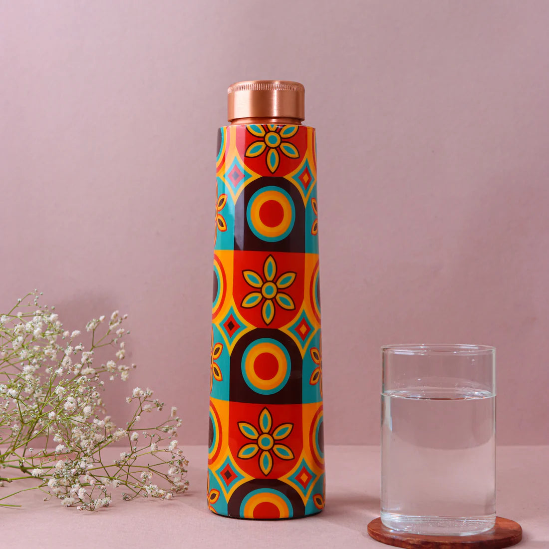 RETRO CIRCLES PRINT PURE COPPER WATER BOTTLE