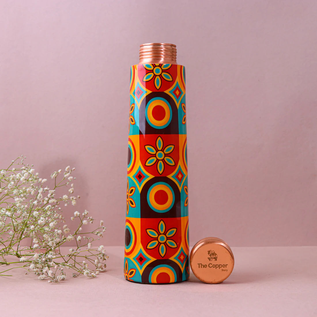 RETRO CIRCLES PRINT PURE COPPER WATER BOTTLE