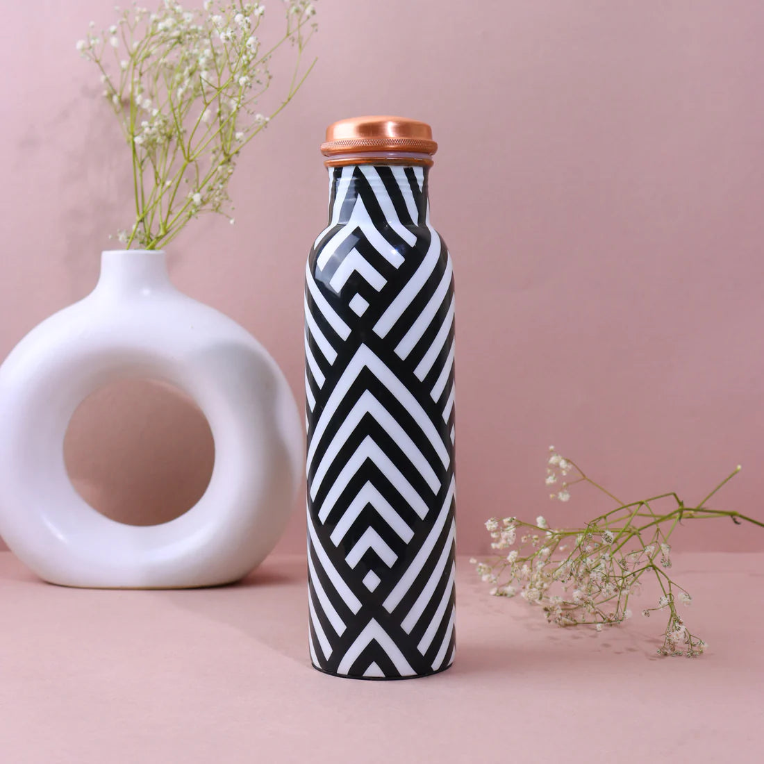 Monochrome Chevron Print Pure Copper Water Bottle